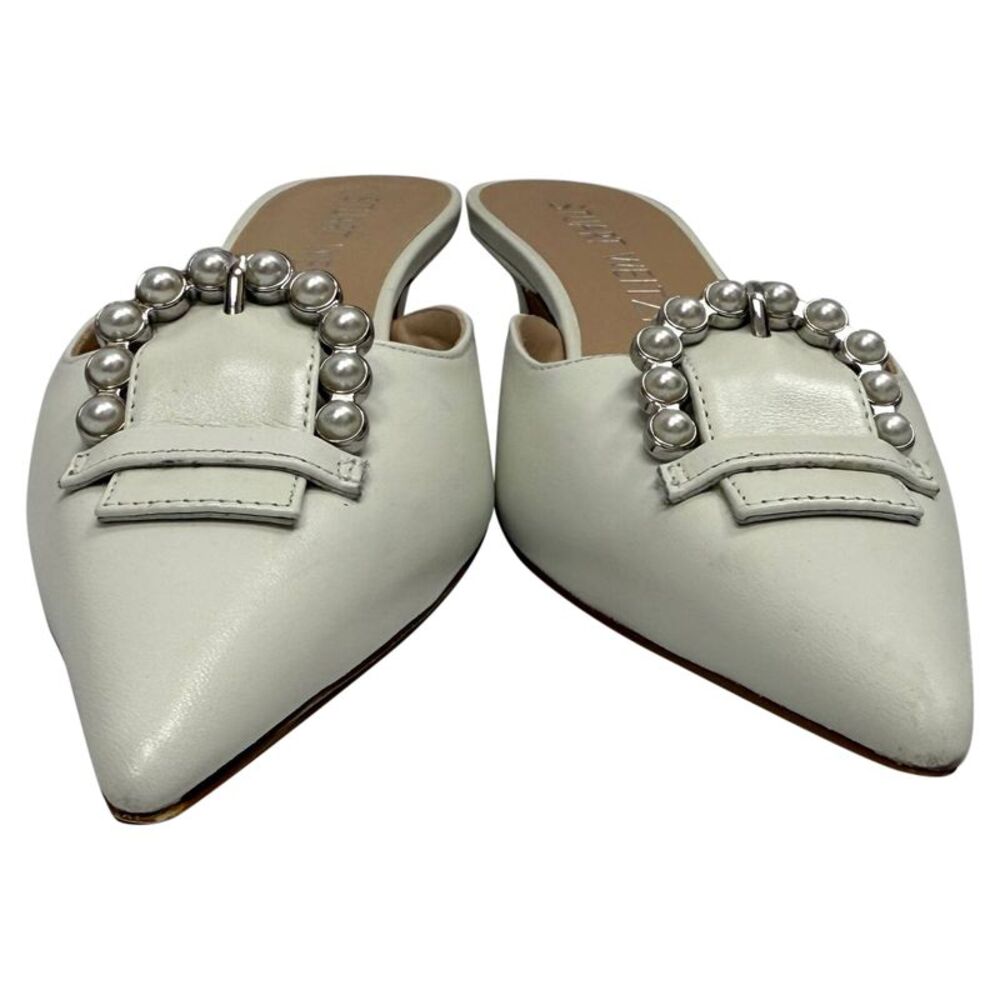 Stuart Weitzman Buckle-Embellished Kitten-Heel Mules in White Leather - Picture 5 of 11